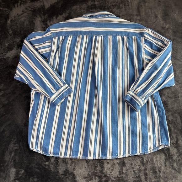 Womens Striped Embroidered Scarecrow Sunflowers Button Up Shirt Blue White Large - Picture 2 of 12